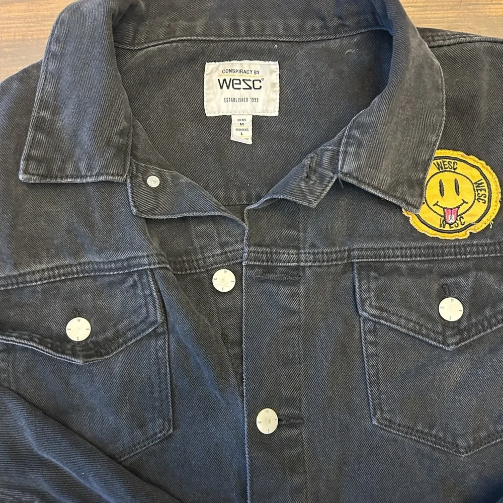 Conspiracy WESC Denim Jacket Unisex Black Smiley Face Trucker Mens m Women’s L - Picture 4 of 15